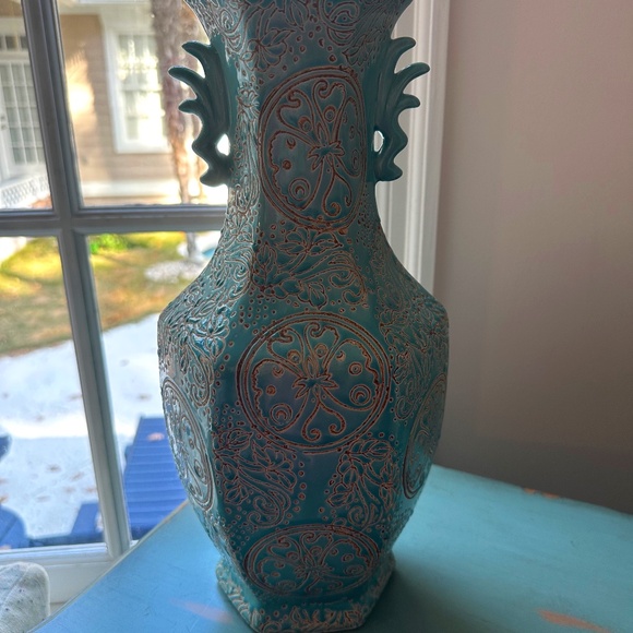 Unique tan and aqua vase